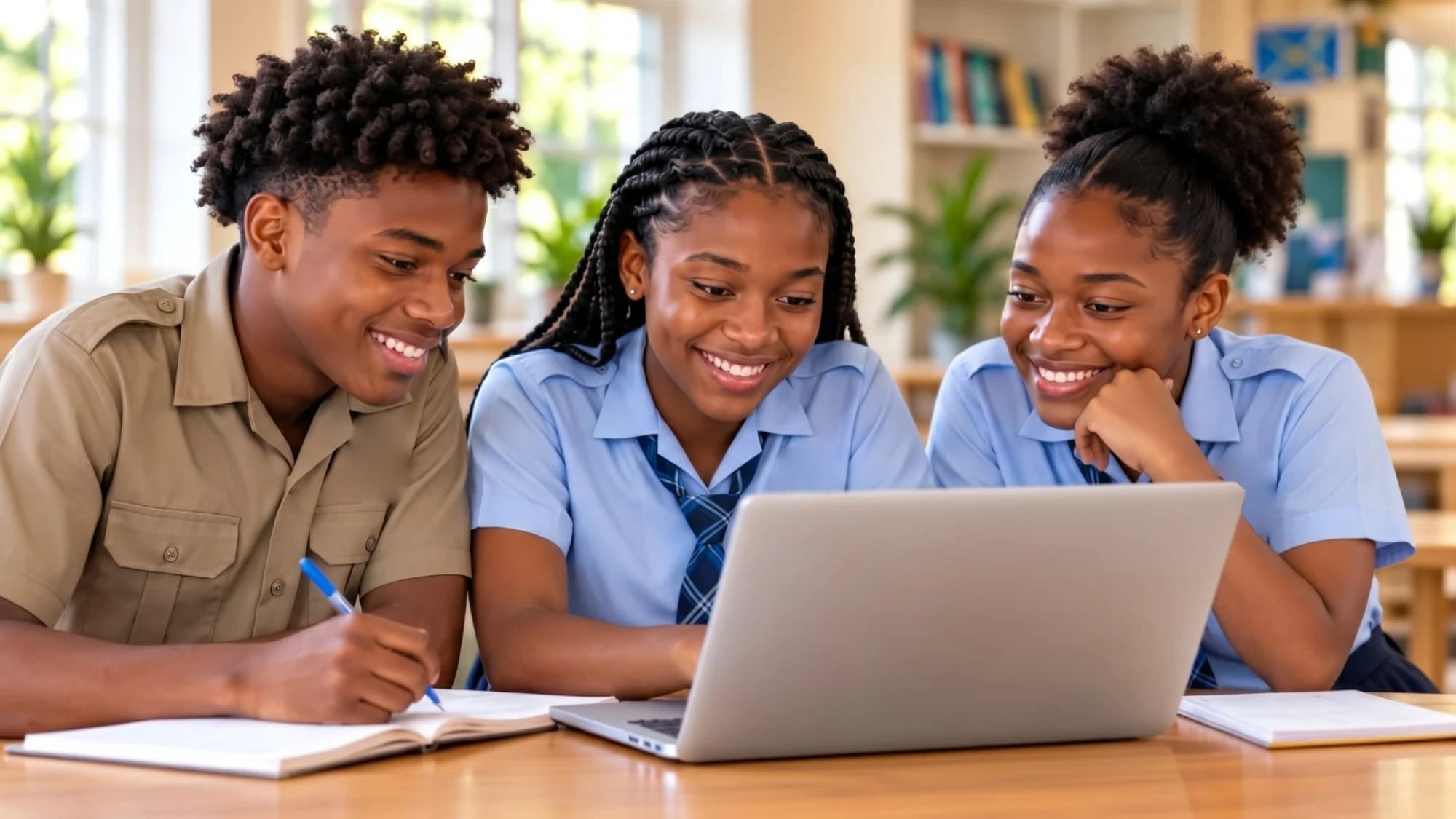 Three students in school uniforms studying together at a laptop.