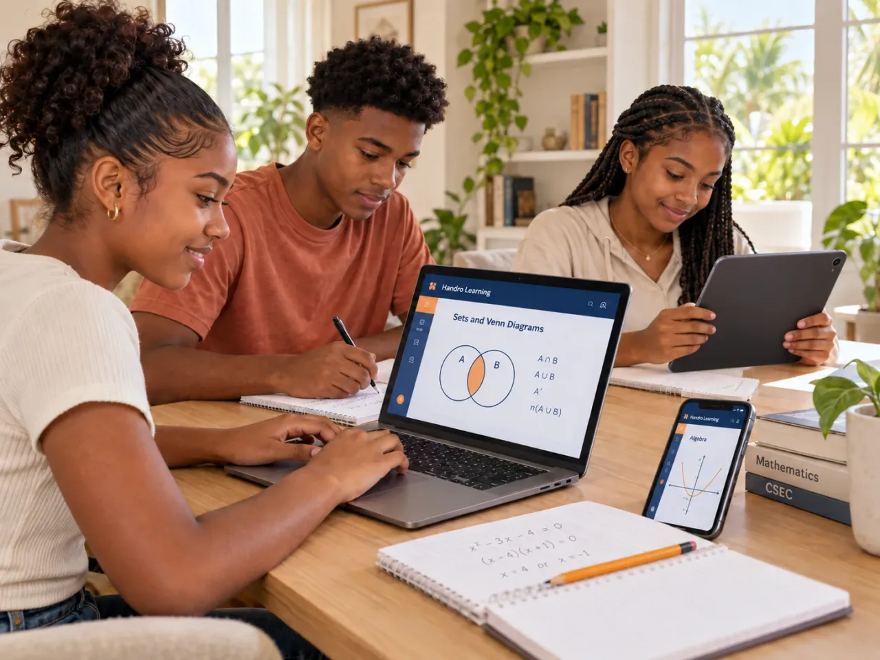 Three students studying CXC CSEC Maths together with a laptop showing a Handro Learning Venn diagram lesson, a tablet and a phone
