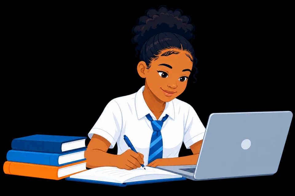 A student in school uniform writing in a notebook while studying at a laptop, with a stack of textbooks beside her