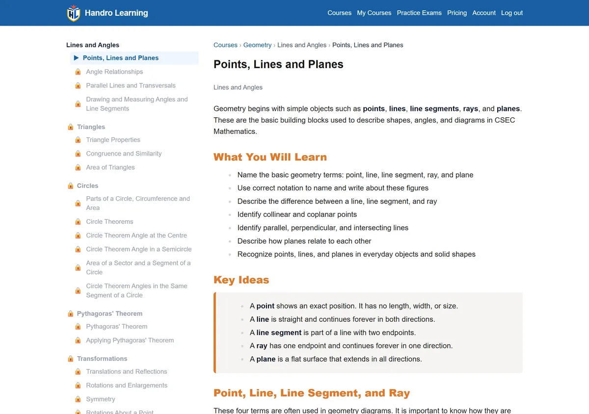 A Geometry lesson on Points, Lines and Planes, with the full course curriculum shown in the sidebar